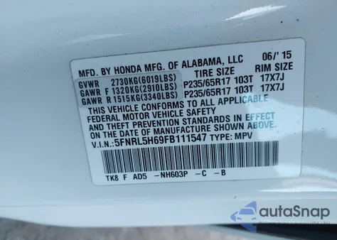 2015 Honda Odyssey Ex-L from USA, damaged, VIN 5FNRL5H69FB111547